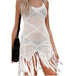 Endless Blu White Crochet Fringe Cover Up Boho Festival Beach Dress Size L